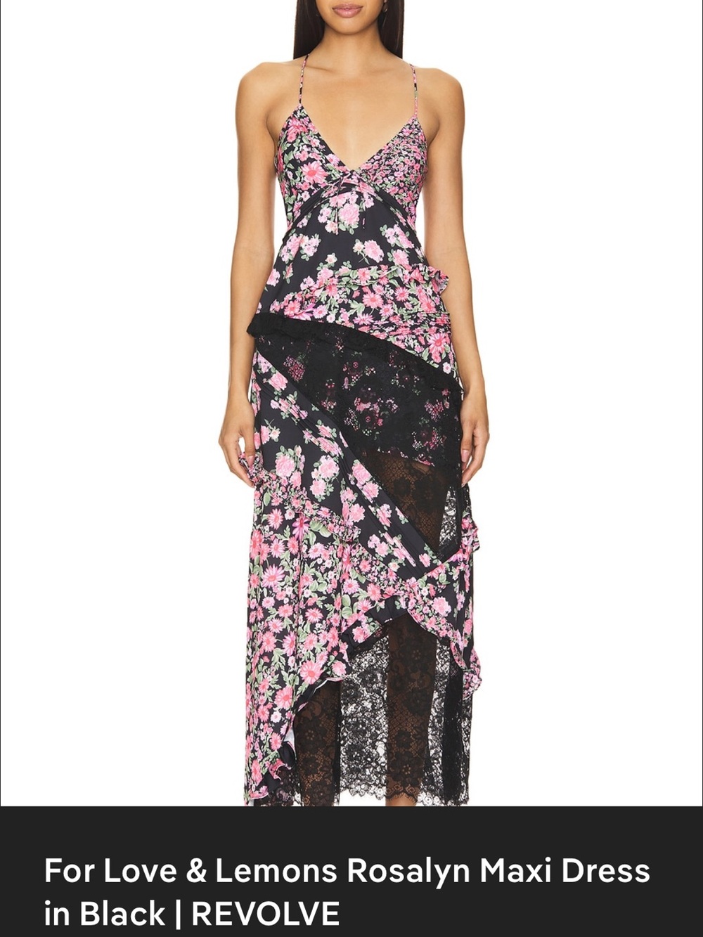 For Love And Lemons Black and Pink Floral Lace-Panel Maxi Dress